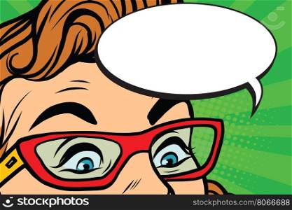 Woman in glasses surprised eyes, pop art retro vector illustration. Comic bubble