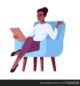 Woman in glasses with clipboard semi flat RGB color vector illustration. Interviewer. Girl in armchair. Job interview. Psychology consultation. Isolated cartoon character on white background