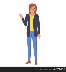 Woman in Glasses with Raised Hand Illustration. Woman in glasses, navy jacket, yellow shirt, jeans and leather boots stands, smiles and wave her hand. Friendly employee vector illustration.