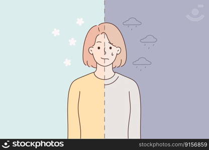Woman in good and bad mood. Unhappy female crying suffer from depression versus smiling enjoying life. Bipolar disorder. Vector illustration. . Woman in bad and good mood 