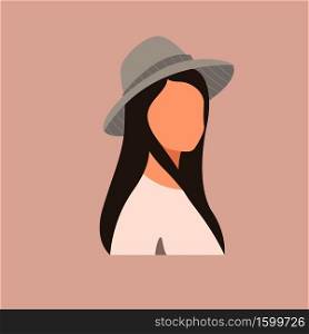 Woman in gray hat on pink background. Woman silhouette portrait. Vector illustration.