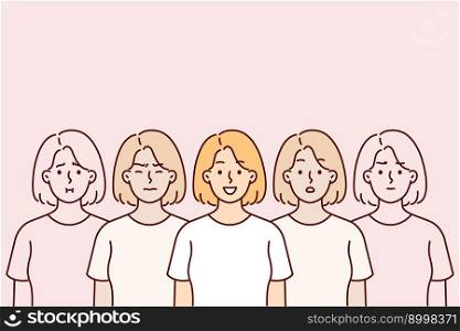 Woman in great mood stands among doubles who are depressed due to stress or problem. Concept frequent mood swings in girls during hormonal fluctuations or psychological health problems. Woman in great mood stands among doubles who are depressed due to stress or depression
