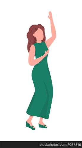 Woman in green formal dress semi flat color vector character. Dynamic figure. Full body person on white. Party isolated modern cartoon style illustration for graphic design and animation. Woman in green formal dress semi flat color vector character