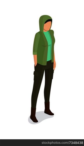 Woman in green jacket with hood, verdant trousers side view vector illustration. Student or college girl cartoon character isolated on white. Woman in Green Jacket with Hood, Verdant Trousers