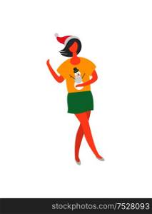 Woman in green skirt and yellow sweater with snowman, Santa Claus hat on head. Vector female in flat design isolated icon. Girl celebrating Xmas. Woman in Green Skirt, Yellow Sweater with Snowman