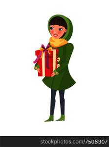Woman in green winter coat with big wrapped present in hands isolated vector. Female in yellow scarf with box, Christmas holidays celebration, cartoon style. Woman in Green Winter Coat with Big Present Gift