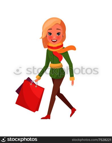 Woman in green winter coat with packages in hands isolated vector. Female in red and yellow scarf with shopping bags, Christmas holidays shopaholic, cartoon style. Woman in Green Winter Coat with Packages in Hands