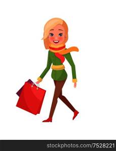 Woman in green winter coat with packages in hands isolated vector. Female in red and yellow scarf with shopping bags, Christmas holidays shopaholic, cartoon style. Woman in Green Winter Coat with Packages in Hands
