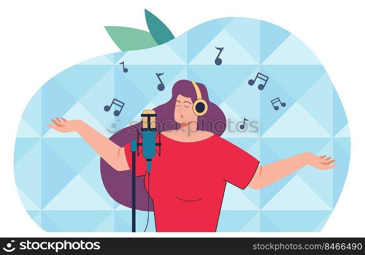 Woman in headphones singing recording in studio. Flat vector illustration of girl singer in earphones using microphone. Audio, voice recording, music concept. Web page landing.
