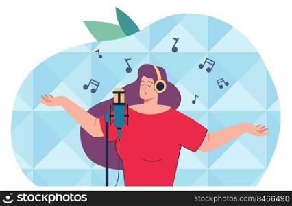 Woman in headphones singing recording in studio. Flat vector illustration of girl singer in earphones using microphone. Audio, voice recording, music concept. Web page landing.