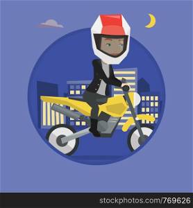 Woman in helmet riding a motorcycle on the background of night city. Woman driving a motorcycle. Woman riding a motorcycle at night. Vector flat design illustration in circle isolated on background.. Woman riding motorcycle at night.