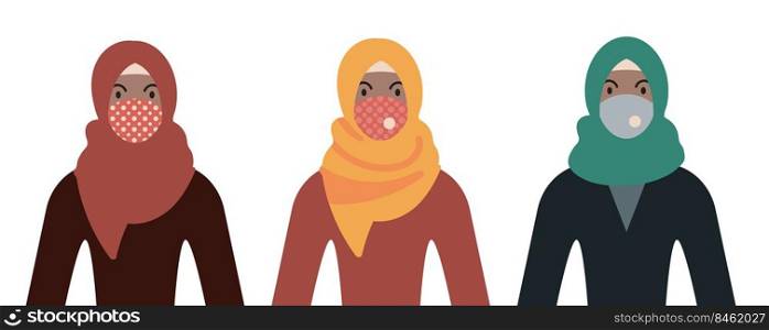 Woman in hijab wearing face mask. Different color variations set. Flat design vector illustration.. Woman in hijab wearing face mask. Different color variations set.