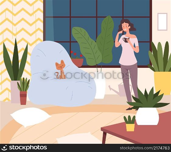 Woman in home garden. Happy female character drink tea and look at kitten. Recreation in house cute vector illustration. Garden interior, character gardener leisure. Woman in home garden. Happy female character drink tea and look at kitten. Recreation in house cute vector illustration