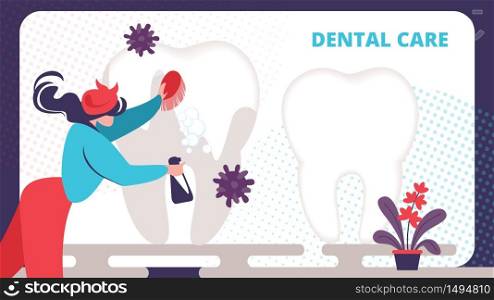 Woman in Housewife Dress Work Cleaning Tooth with Foamy Brush and Water Sprayer. Dentist Clean and Whitening Teeth. Checkup, Recovery, Dental Care Cartoon Flat Vector Illustration, Horizontal Banner. Woman in Housewife Dress Work Cleaning Tooth.