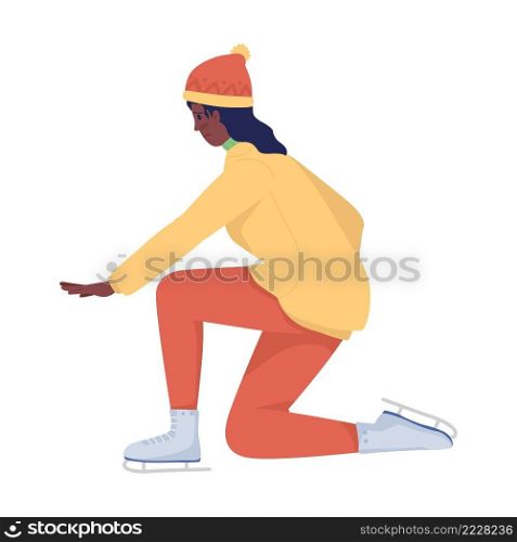Woman in ice skates semi flat color vector character. Posing figure. Full body person on white. Common situations in January isolated modern cartoon style illustration for graphic design and animation. Woman in ice skates semi flat color vector character