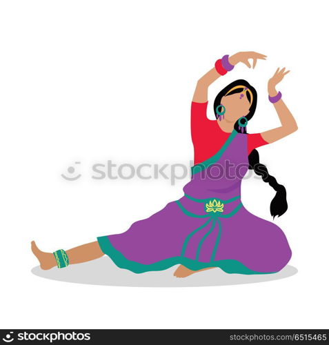 Woman in indian national clothes dance. Vector in flat design. Young girl with braided hair in violet saree, ornamentation and jewelry dancing traditional folk dance. Asian choreography and folklore. . Woman in Indian National Clothes Dance Vector. Woman in Indian National Clothes Dance Vector