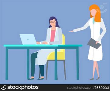 Woman in laboratory working on computer vector, isolated team of scientists conducting research. Lady with clipboard, female character with laptop. Medical Workers, Scientists in Laboratory Science