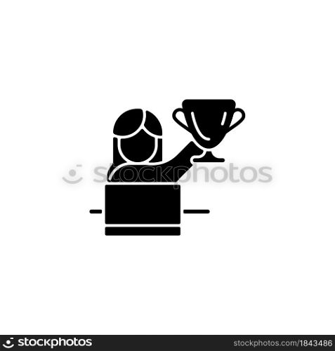 Woman in leadership role black glyph icon. Attracting female talent to business. Women empowerment at work. Gender equality in workplace. Silhouette symbol on white space. Vector isolated illustration. Woman in leadership role black glyph icon