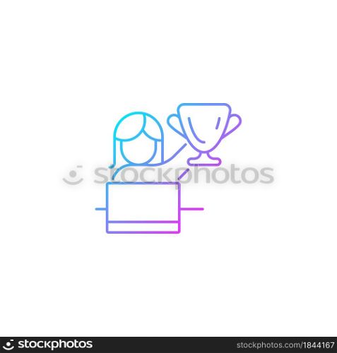 Woman in leadership role gradient linear vector icon. Attracting female talent. Women empowerment at work. Thin line color symbol. Modern style pictogram. Vector isolated outline drawing. Woman in leadership role gradient linear vector icon