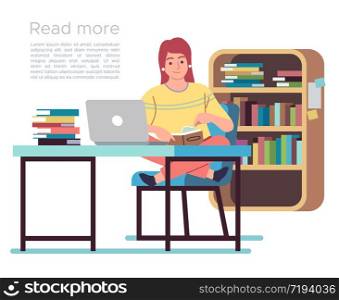 Woman in library. Young lady reading book in public library interior with bookshelves, table and chairs, flat design vector education concept. Woman in library. Young lady reading book in public library interior with bookshelves, table and chairs, flat design vector concept