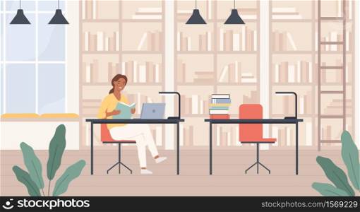 Woman in library. Young lady with book in public library reading room interior with laptop, bookshelves and desks education vector concept. Female bookworm learning or studying for university. Woman in library. Young lady with book in public library reading room interior with laptop, bookshelves and desks education vector concept