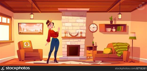 Woman in living room in rustic style with fireplace and vintage furniture. Vector cartoon illustration of cozy house interior with sofa, chair, carpet on floor and girl with hairband waving hand. Woman in rustic living room with fireplace