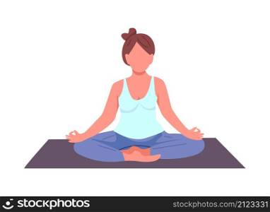 Woman in lotus pose semi flat color vector character. Sitting figure. Full body person on white. Calm position isolated modern cartoon style illustration for graphic design and animation. Woman in lotus pose semi flat color vector character