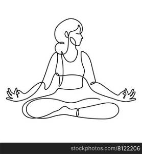 woman in lotus pose yoga vector illustration. One line drawing and continuous style isolated on white background.