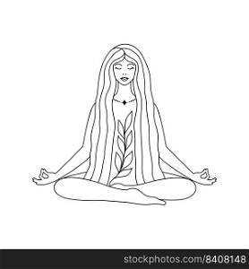 Woman in lotus position on white background.