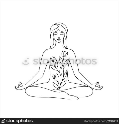 Woman in lotus position on white background. Yoga and relaxation concept. Line art icon. 