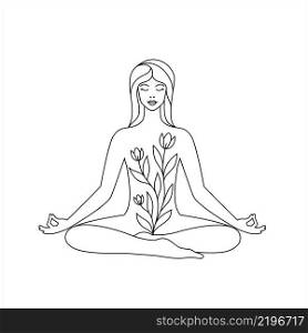Woman in lotus position on white background. Yoga and relaxation concept. Line art icon. 