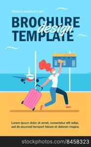 Woman in mask celebrating travel ban cancel. Passenger running in airport flat vector illustration. Late for boarding, virus and travel concept for banner, website design or landing web page