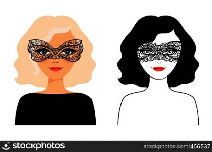 Woman in mask. Face of young woman in lace mask vector illustration. Woman in lace mask