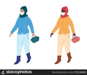 Woman in mask on walk semi flat color vector character set. Posing figures. Full body people on white. Winter isolated modern cartoon style illustration for graphic design and animation bundle. Woman in mask on walk semi flat color vector character set