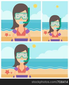 Woman in mask, tube and rubber ring standing on the background of beach and sea. Woman wearing snorkeling equipment on the beach. Vector flat design illustration. Square, horizontal, vertical layouts.. Woman with snorkeling equipment on the beach.
