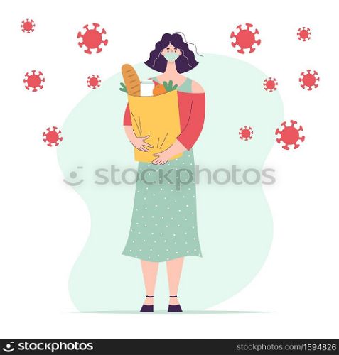Woman in medical mask with paper bag full of groceries.Full length character.Concept shopping for groceries in supermarket during covid epidemic.Flat vector illustration isolated on white background