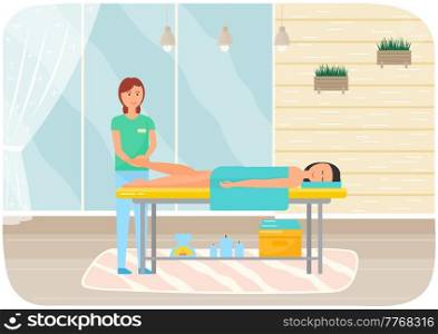 Woman in medical uniform doing foot massage. Beautiful girl in towel lies and relaxes in beauty saloon. Person doing procedures in spa salon. Massage therapist takes care of client s skin and health. Woman in medical uniform doing foot massage. Young girl in towel lies and relaxes in beauty saloon