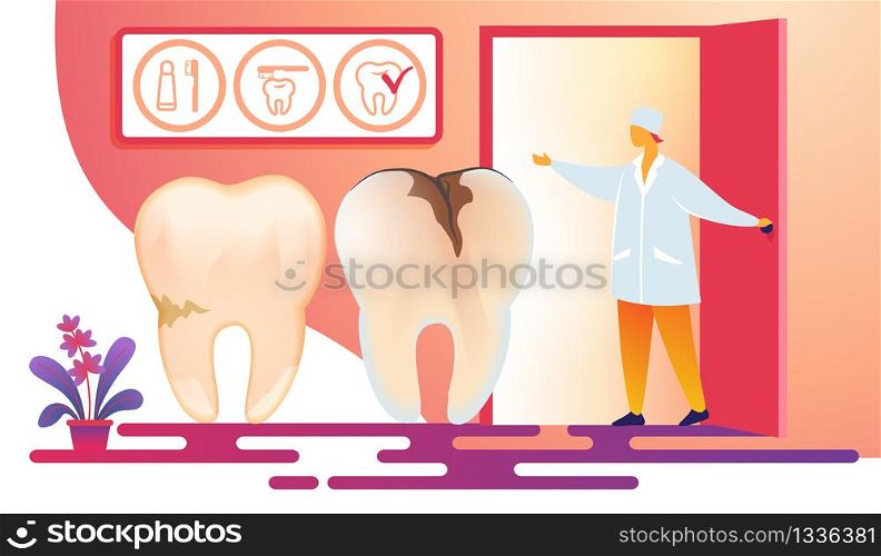 Woman in Medical Uniform Stand in Dentist Cabinet Entrance and Making Invitation Gesture with Hand. Unhealthy Teeth Stand in Raw. Icons with Brush and Toothpaste Above Cartoon Flat Vector Illustration. Female Dentistry Doctor Inviting Patient in Room.