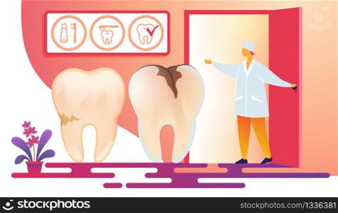 Woman in Medical Uniform Stand in Dentist Cabinet Entrance and Making Invitation Gesture with Hand. Unhealthy Teeth Stand in Raw. Icons with Brush and Toothpaste Above Cartoon Flat Vector Illustration. Female Dentistry Doctor Inviting Patient in Room.
