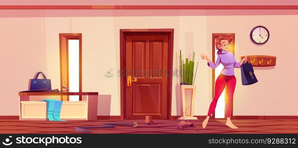 Woman in messy house hallway interior near closed door cartoon background. Home hall entrance with scattered female clothes on wood floor illustration. Antechamber with hanger and bench scene.. Woman in messy house hallway interior near door