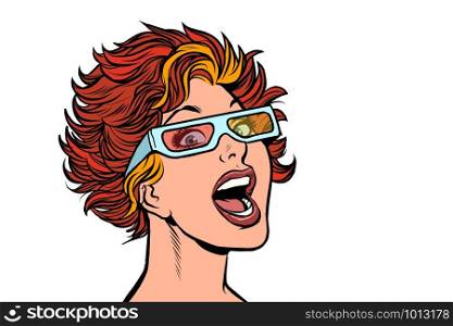 Woman in movie stereo glasses. Pop art retro vector illustration drawing. Woman in movie stereo glasses
