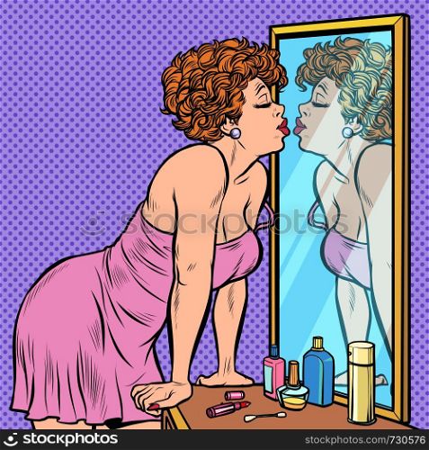 woman in nightgown kissing her reflection in the mirror. Pop art retro vector Illustrator vintage kitsch drawing. woman in nightgown kissing her reflection in the mirror