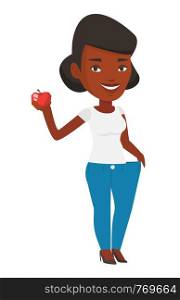 Woman in oversized trousers holding an apple. Woman on a diet. Girl showing the results of her diet. Dieting and healthy lifestyle concept. Vector flat design illustration isolated on white background. Slim woman in pants showing the results of diet.