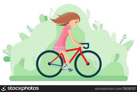 Woman in park hobby of person vector, cyclist in forest riding bicycle along trees and foliage. Teenager on bike, biker surrounded by flora flat style. Cycling Woman on Bike in Spring Park Summer Vector