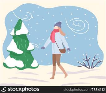 Woman in park or forest. Blizzard and bad weather conditions outdoors. Female character wearing warm clothes strolling on snow outside. Coldness and frost, low temperature vector in flat style. Woman Walking in Winter Forest During Blizzard