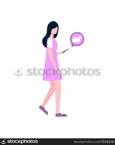Woman in pink dress sending secret messages by mobile phone. Isolated girl communicating via smartphone, message and lock icons vector, security chat. Woman Send Secret Messages by Smartphone