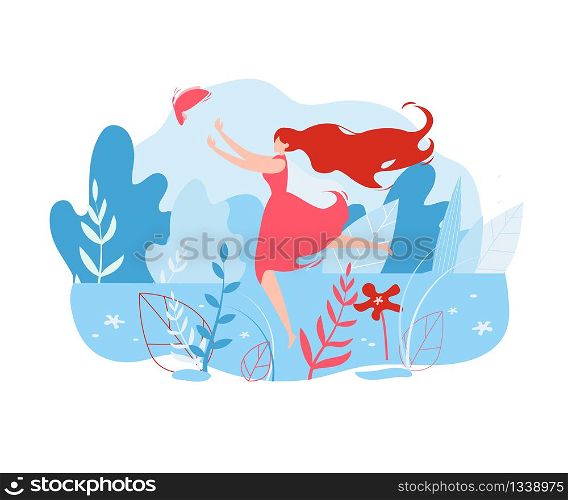 Woman in Pink Dress with Long Red Hair Running after Butterfly Trying to Catch it Flat Cartoon Vector Illustration. Girl Character Running in Park or Countryside among Flowers and Leaves.