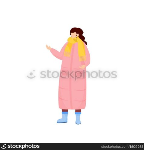 Woman in pink winter coat flat color vector faceless character. Female with scarf dressed for snow. Person in seasonal outfit for outdoors. Cold weather outfit isolated cartoon illustration