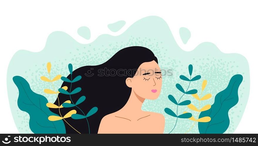 Woman in plants and leaves. Girl with closed eyes in nature. Vector flat illustration.