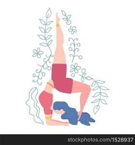 Woman in pose decorated with leaves and flowers. Yoga, concept of meditation, health benefits for the body, control of the mind and emotions.. Woman in pose. Yoga, concept of meditation, health benefits for the body, control of the mind and emotions